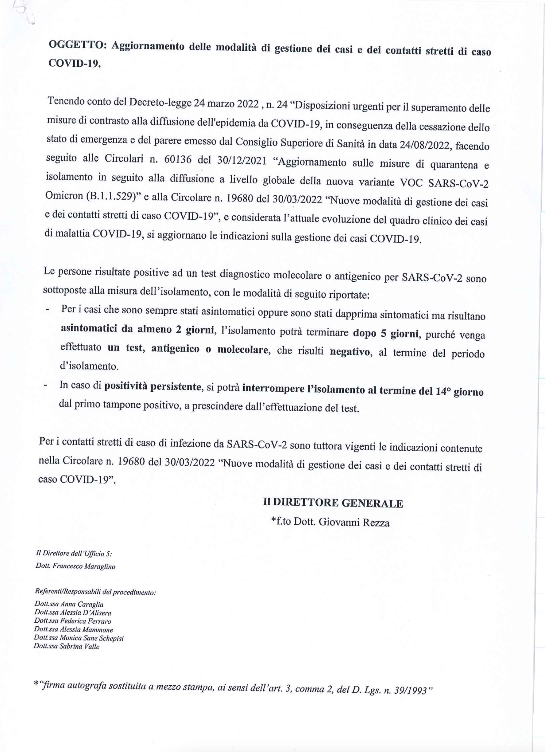 Circolare Ministero della Salute prot. 72611. 01-09-2022 - Aggiornamento delle  modalità di gestione dei casi e dei contatti stretti di caso COVID-19